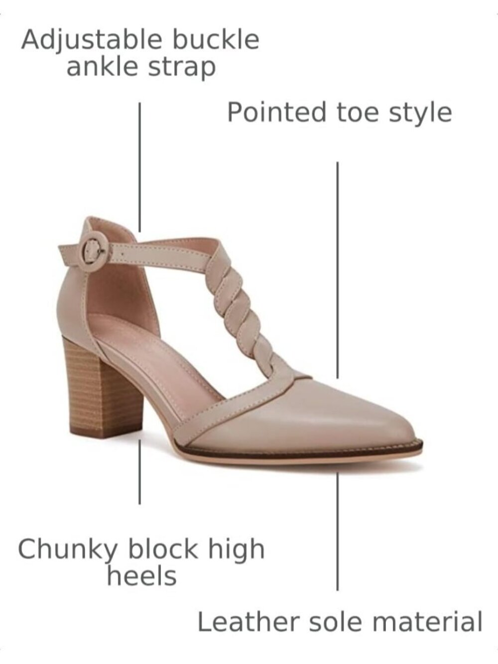 Women's Nude Chunky Heels T Strap Pointed Toe Stacked Heeled Sandals Pumps - Picture 3 of 6
